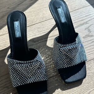 Prada Black Satin Crystal-Embellished Slide Mules
